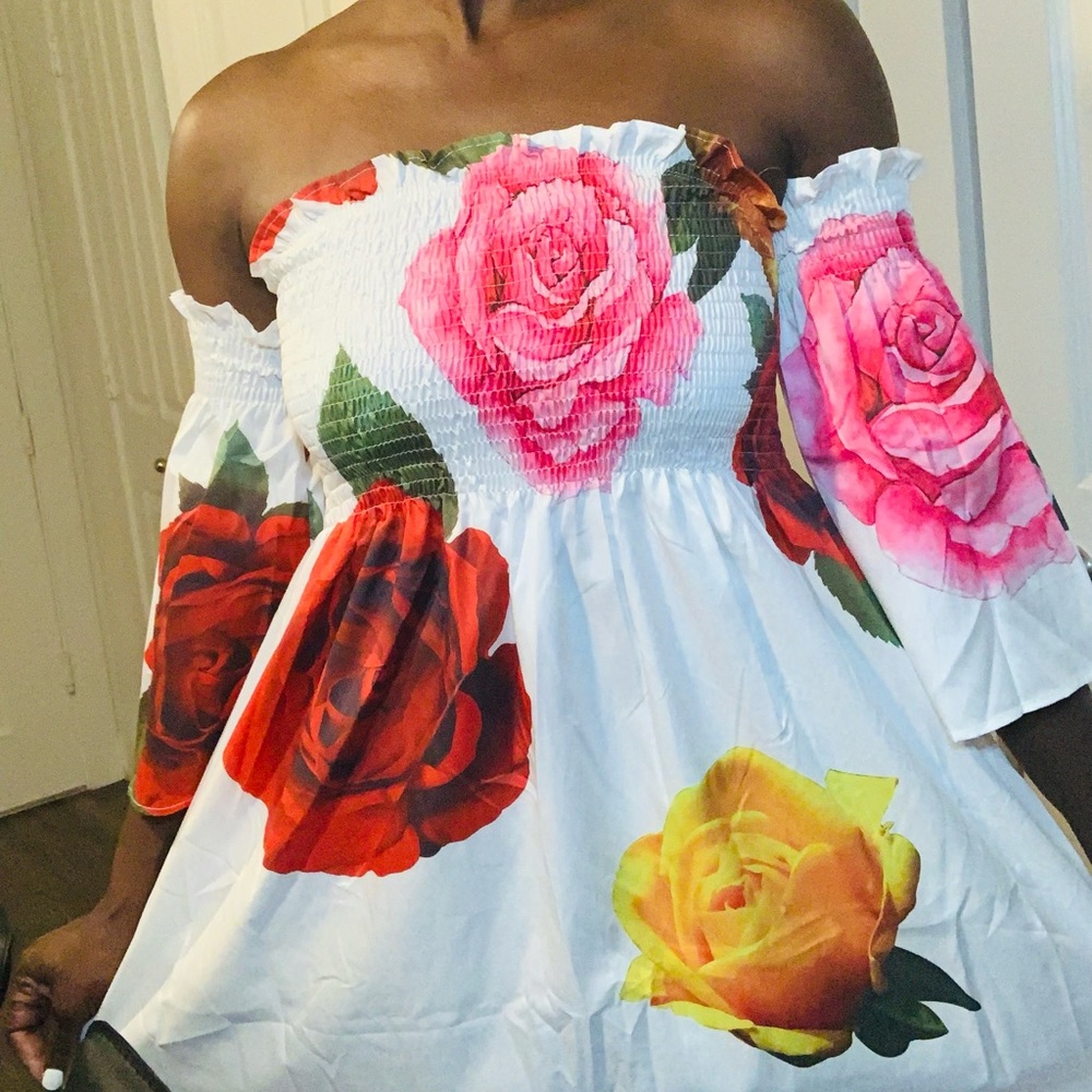 White Dress with Colorful Roses